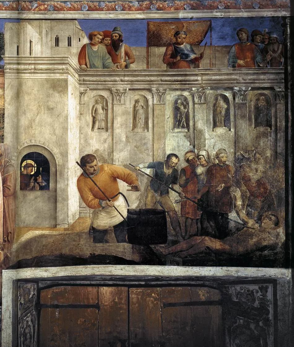Beato Angelico, Martirio di san Lorenzo, 1447-1448, affresco, 271 × 236 cm, Palazzo Apostolico, Città del Vaticano.