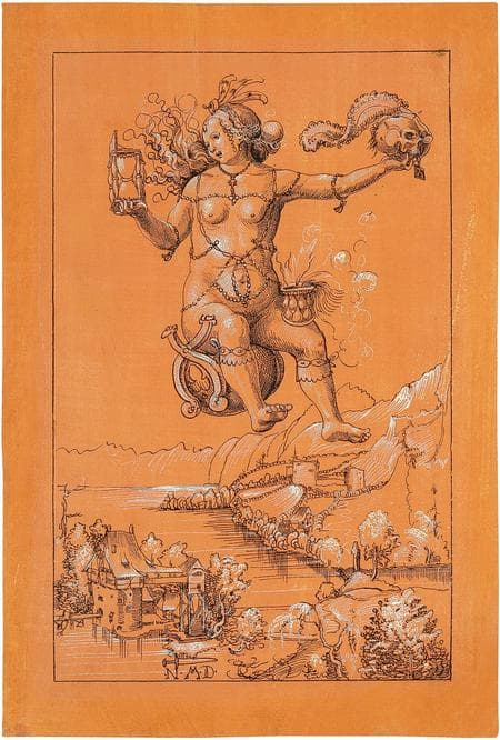 Niklaus Manuel, Strega recante il teschio, disegno a penna con lumeggiature bianche su carta preparata giallo ocra, 1513, circa, Kunstmuseum, Basilea.