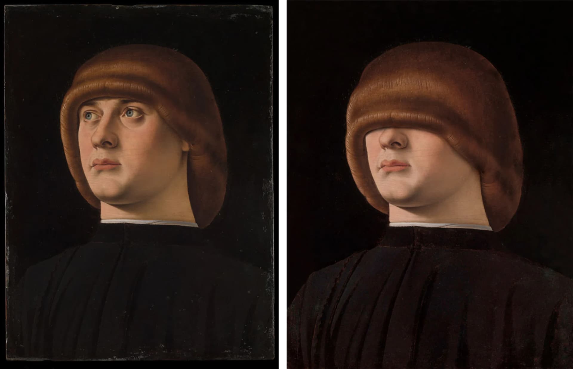 Sinistra: Jacometto Veneziano, Ritratto di giovane, 1480 circa, olio su tavola, 27.9 x 21 cm © Volker Hermes