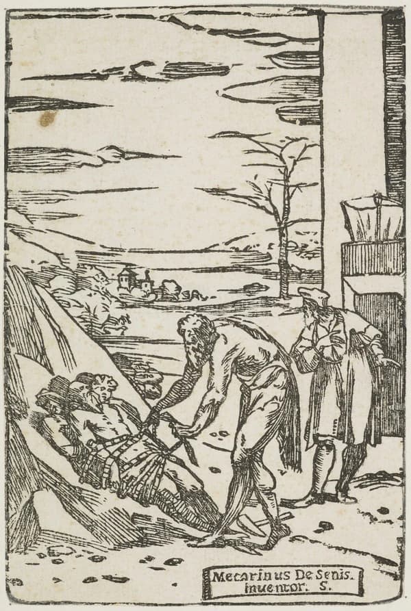 Quarta - unica firmata - delle dieci xilografie del Baccafumi che illustrano il trattato De la pirotechnia di Vannoccio Biringuccio.