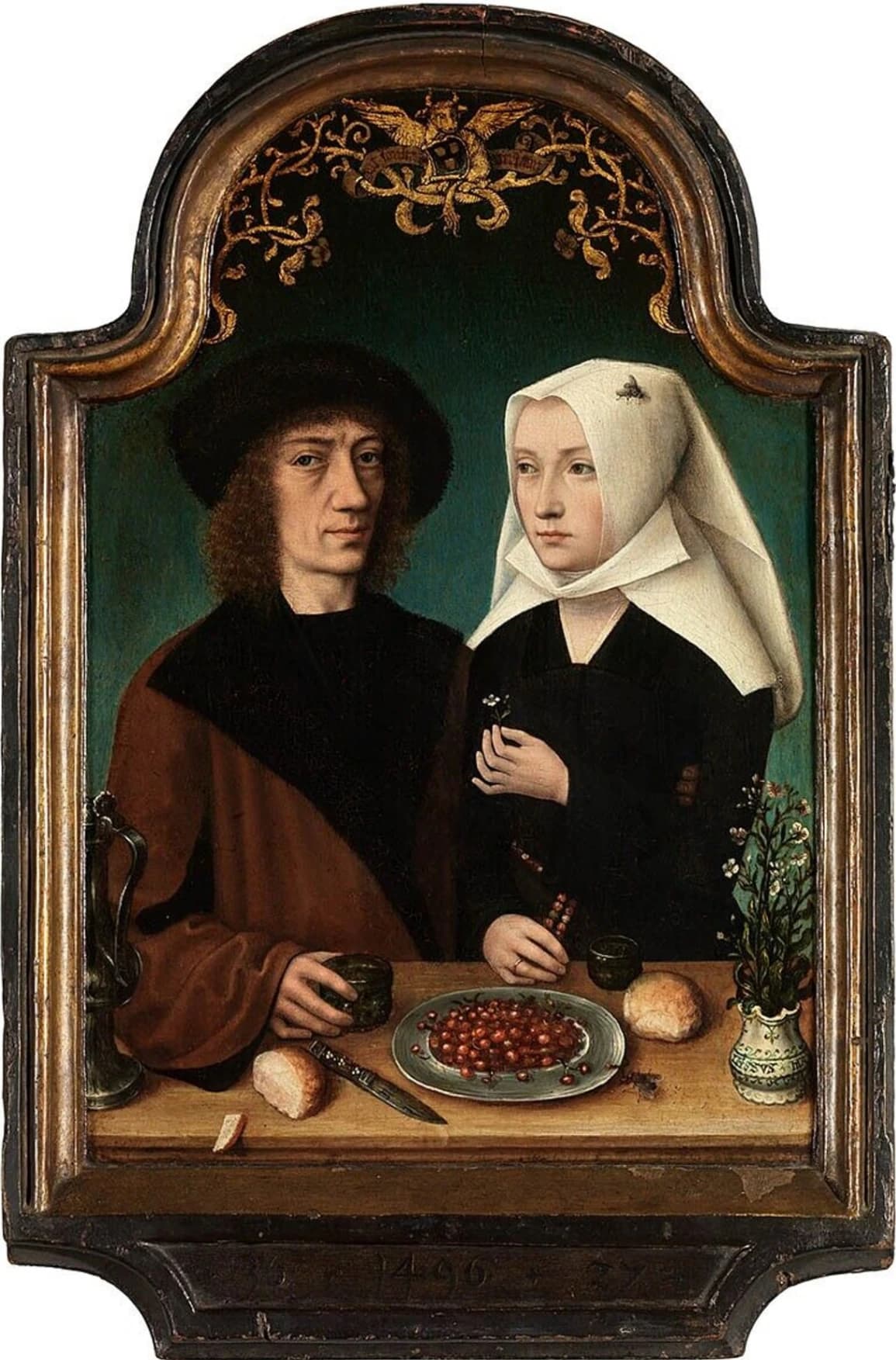 Maestro di Francoforte, Autoritratto dell'artista con la moglie, 1496. Museo reale di belle arti, di Anversa. Il dipinto, conserva ancora la cornice originale, datata al 1496.