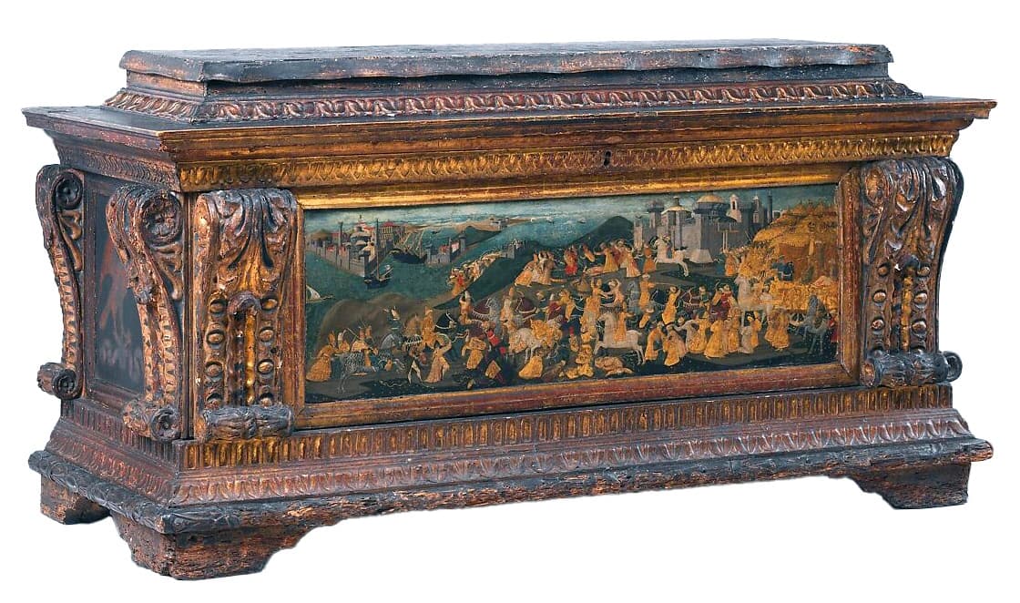Cassone nuziale del tardo Quattrocento, dipinto da Apollonio Giovanni di Tommaso, con la Battaglia di Trebisonda.