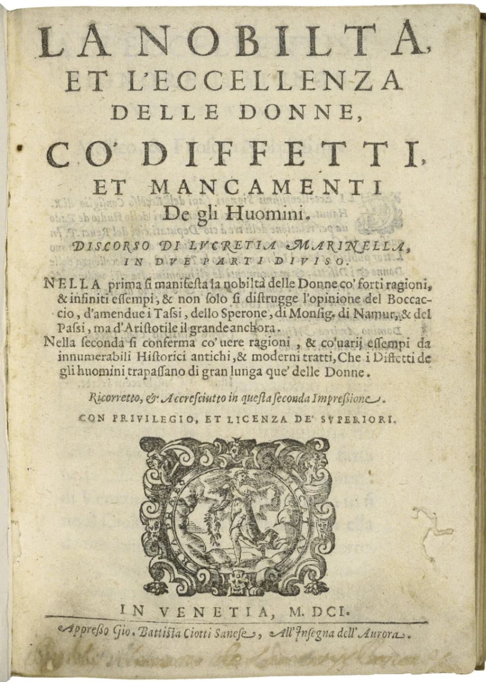 Frontespizio dell'opera di Lucrezia Marinelli dal titolo La nobiltà et l'eccellenza delle donne - co' difetti et mancamenti de gli huomini.
