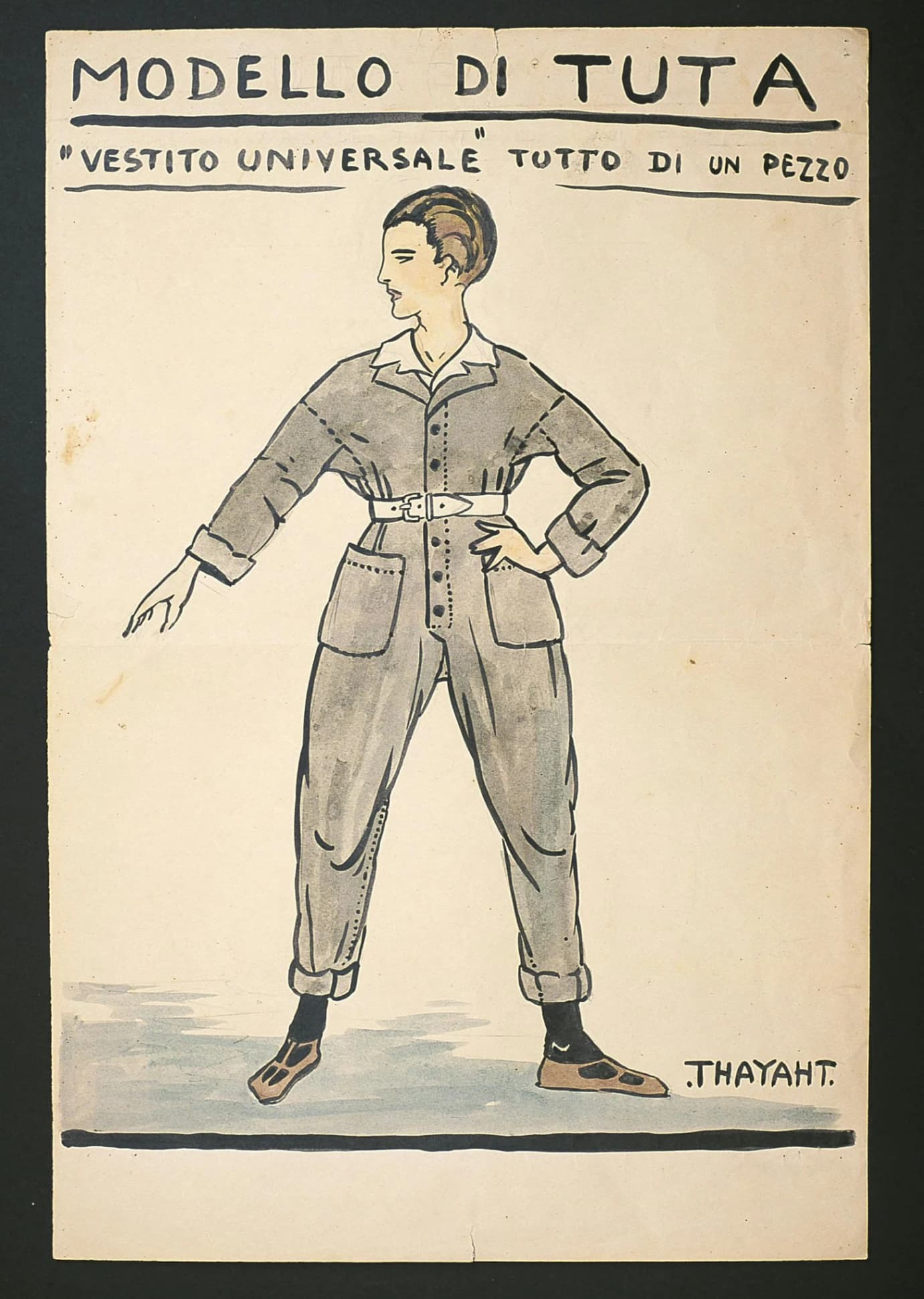 Ernesto Michahelles, in arte Thayaht, bozzetto per la TUTA, tempera e inchiostro su carta, 47, 5 x 34 cm, Palazzo Pitti, Museo della Moda e del Costume, Firenze.
