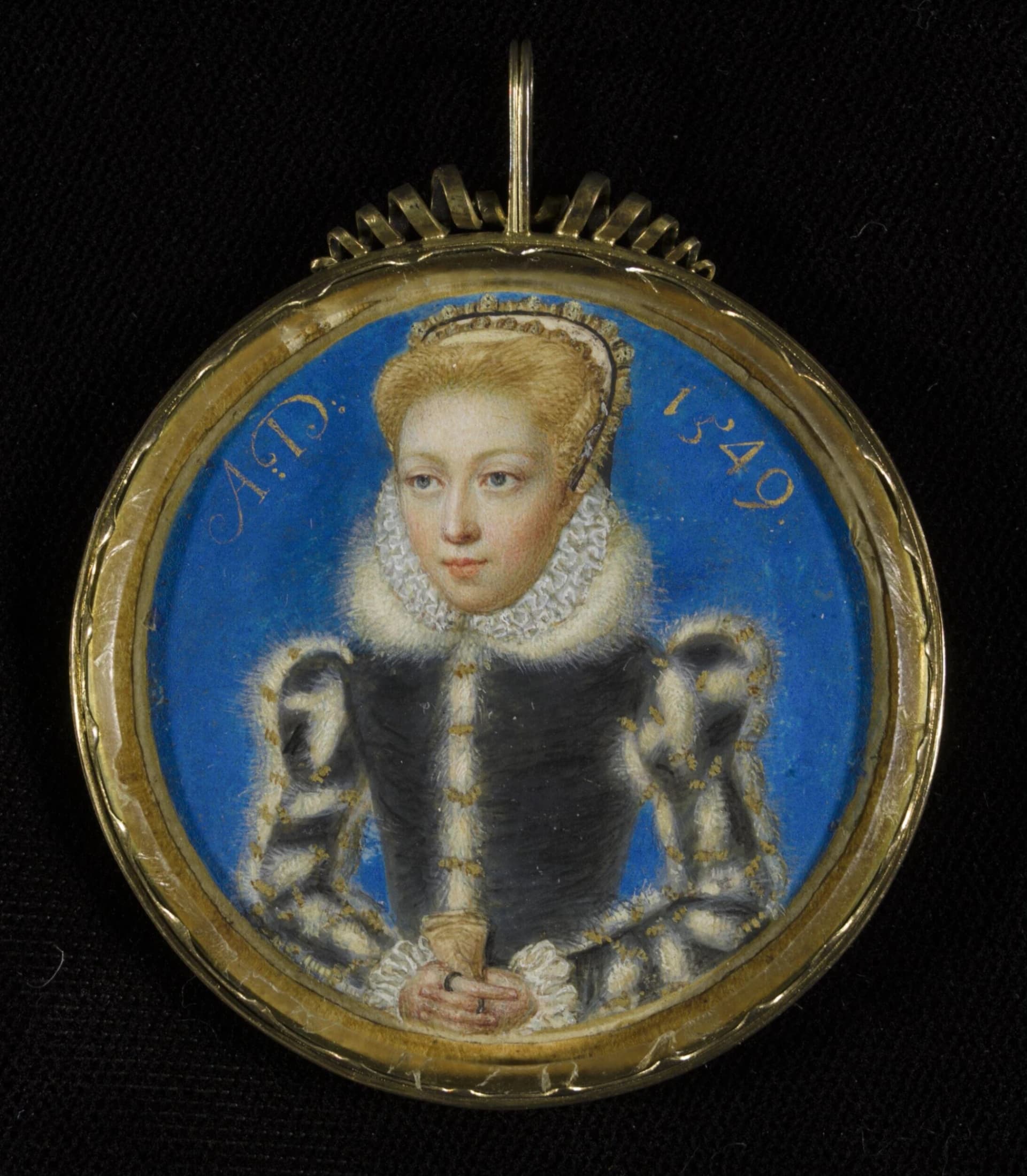 Levina Teerlinc, Ritratto in miniatura di una giovane donna sconosciuta, (un tempo ritenuta raffigurante la regina Elisabetta I da principessa), acquerello su pergamena, su cartoncino, V&amp;A South Kensington.
