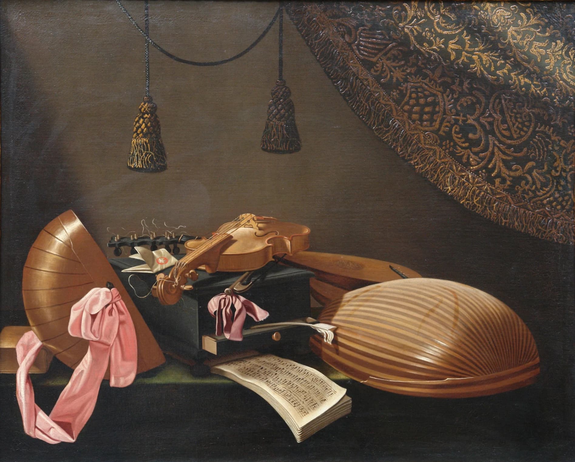 Evaristo Baschenis, Natura morta con strumenti musicali, olio su tela, 85 x 105 cm, collezione privata, già Matteo Salamon.
