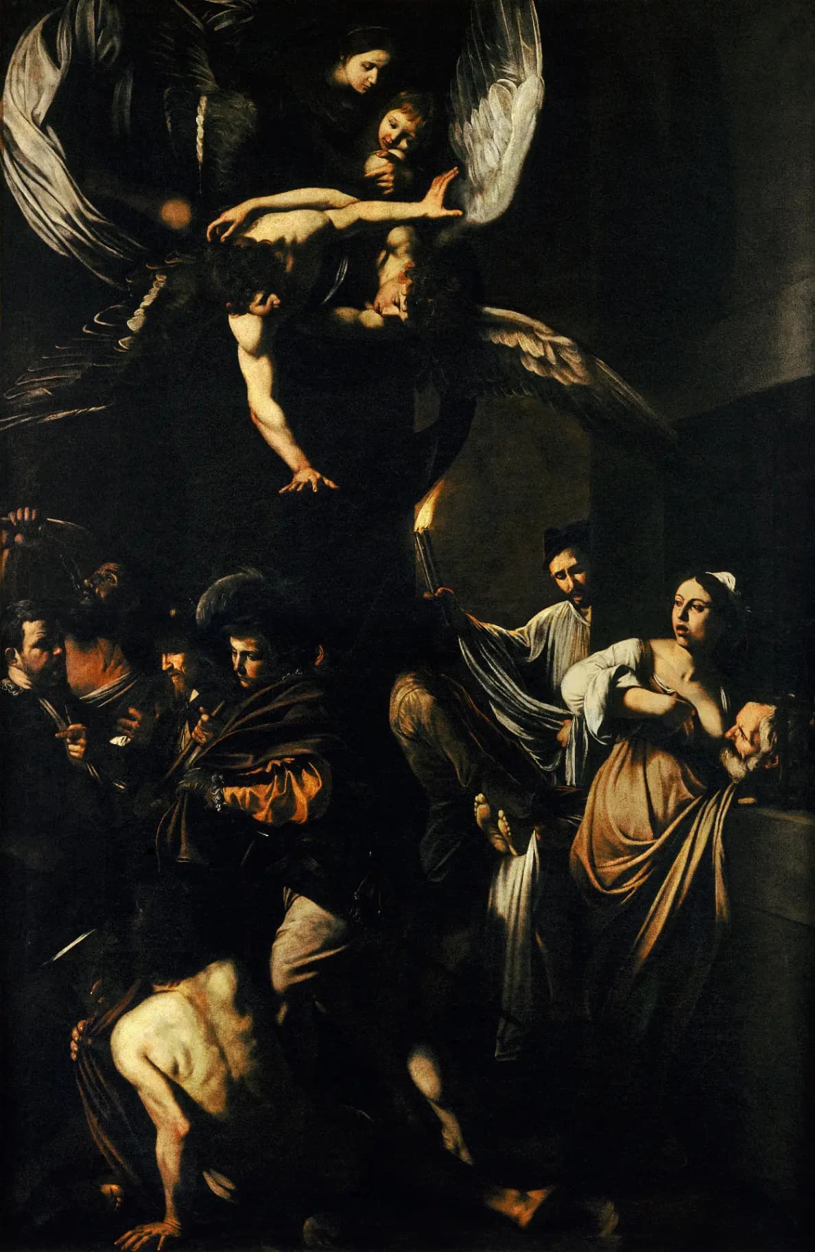 Michelangelo Merisi detto Caravaggio, Sette opere di Misericordia, 1607, olio su tela, 390 x 260 cm, Pio Monte della Misericordia, Napoli. All'estremità destra della tela, la Carità, rappresentata da una giovane che allatta un anziano proteso dalla finestra.