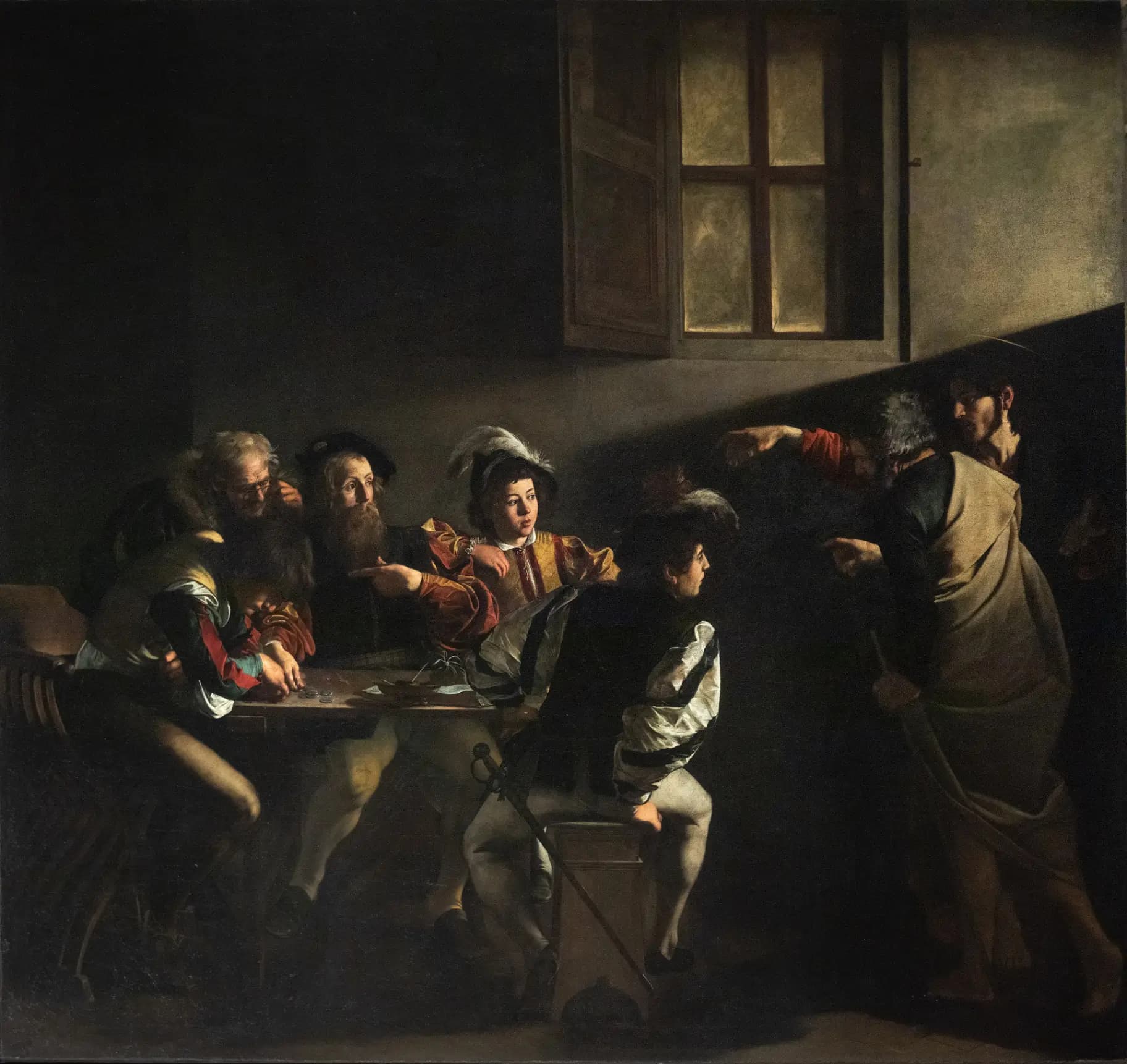 Michelangelo Merisi detto Caravaggio, Vocazione di San Matteo, 1599-1600, olio su tela, 322 × 340 cm, Cappella Contarelli, Chiesa di San Luigi dei Francesi, Roma.