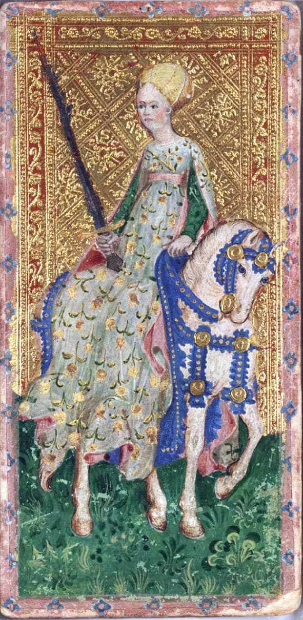 Cavallerizza, carta dal mazzo dal mazzo Tarocchi Visconti di Modrone, detti anche Cary-Yale.