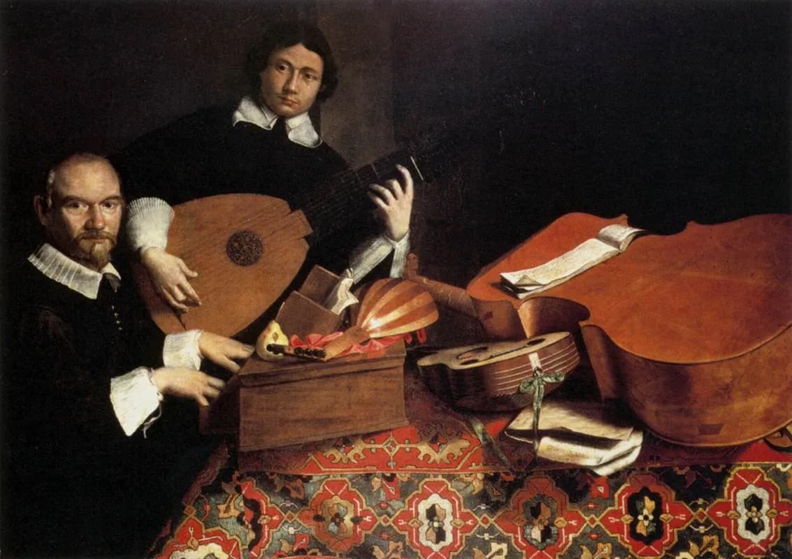 Evaristo Baschenis, tela di sinistra del Trittico Agliardi, 1664-1666 circa, olio su tela, 115 x 163 cm, collezione privata. La tela mostra l'autoritratto del pittore intento a suonare il liuto, insieme a Ottavio Agliardi, colto mentre suona l'arciliuto.