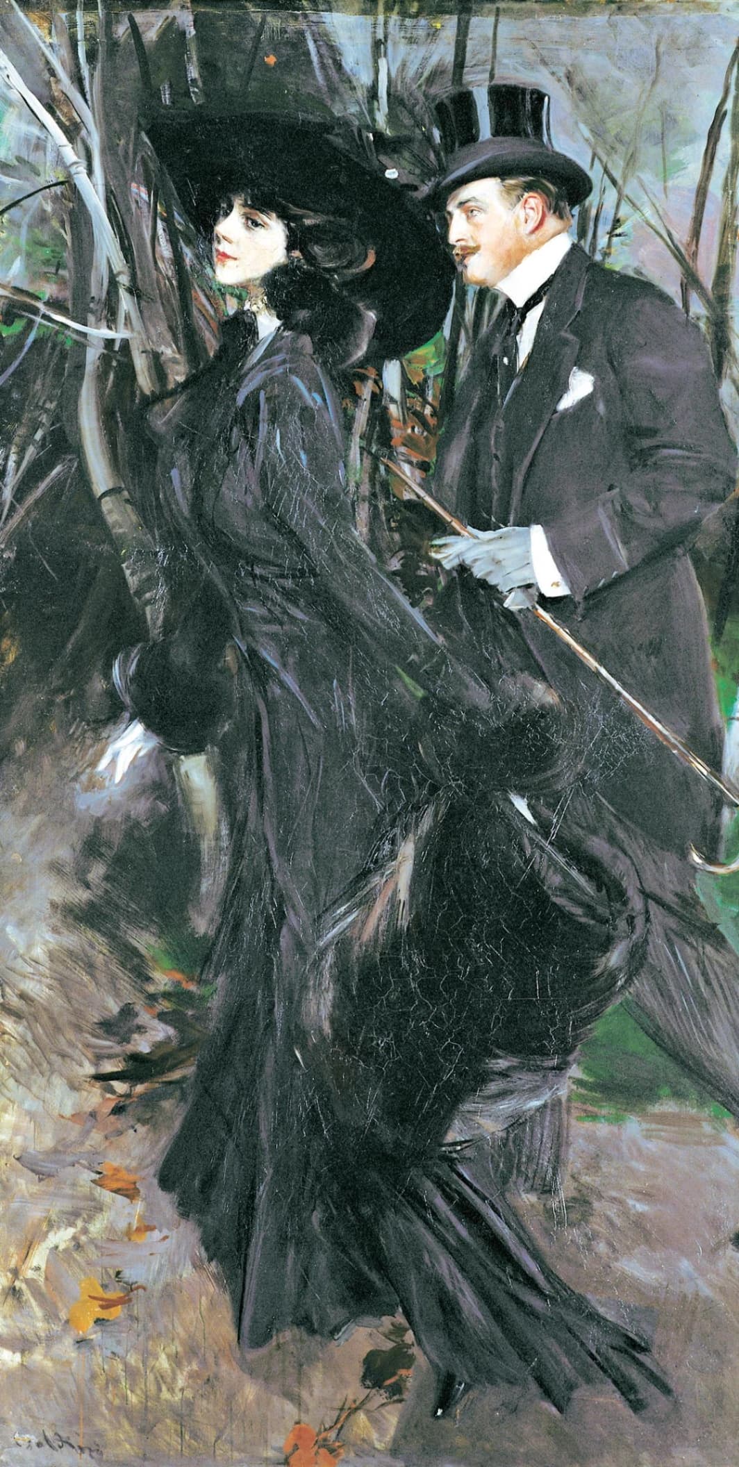 Giovanni Boldini, La passeggiata al Bois de Boulogne, 1909, olio su tela, 228 × 118 cm, Museo Giovanni Boldini, Ferrara.