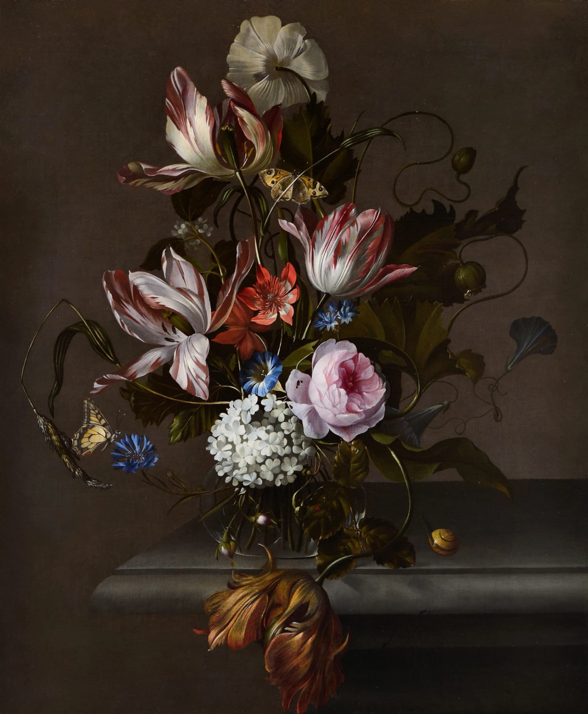 Anna Ruysch, Natura morta con fiori in un vaso di vetro su un ripiano di pietra, 1690 circa, olio su tela, Krannert Art Museum, Università dell'Illinois a Urbana-Champaign.