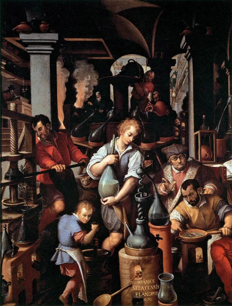 Giovanni Stradano, Il laboratorio dell'alchimista, 1570 circa, Studiolo di Francesco I de' Medici, Palazzo Vecchio, Firenze.