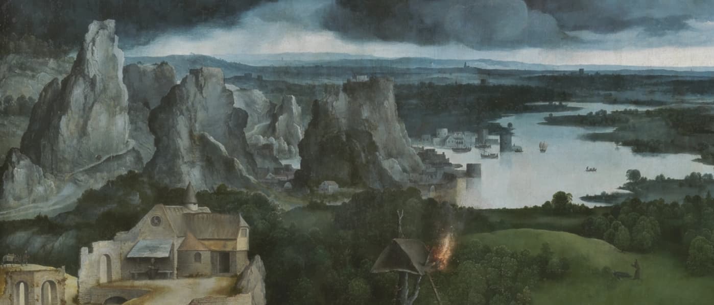 Dettaglio del paesaggio eseguito da Patinir ne Le Tentazioni di Sant'Antonio, 1520-1524, olio su tela, 155 x 173 cm, Museo del Prado, Madrid.