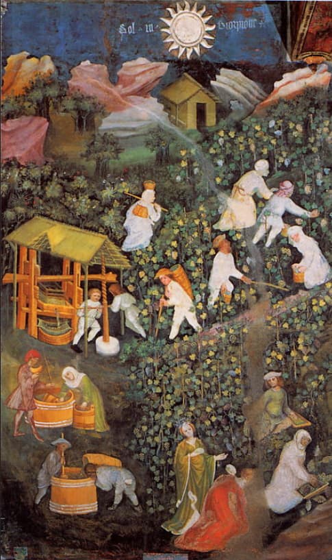 Maestro Venceslao (attribuito), Ottobre, dettaglio del Ciclo dei Mesi, XV secolo, affresco, Torre dell'Aquila, Castello del Buonconsiglio, Trento.