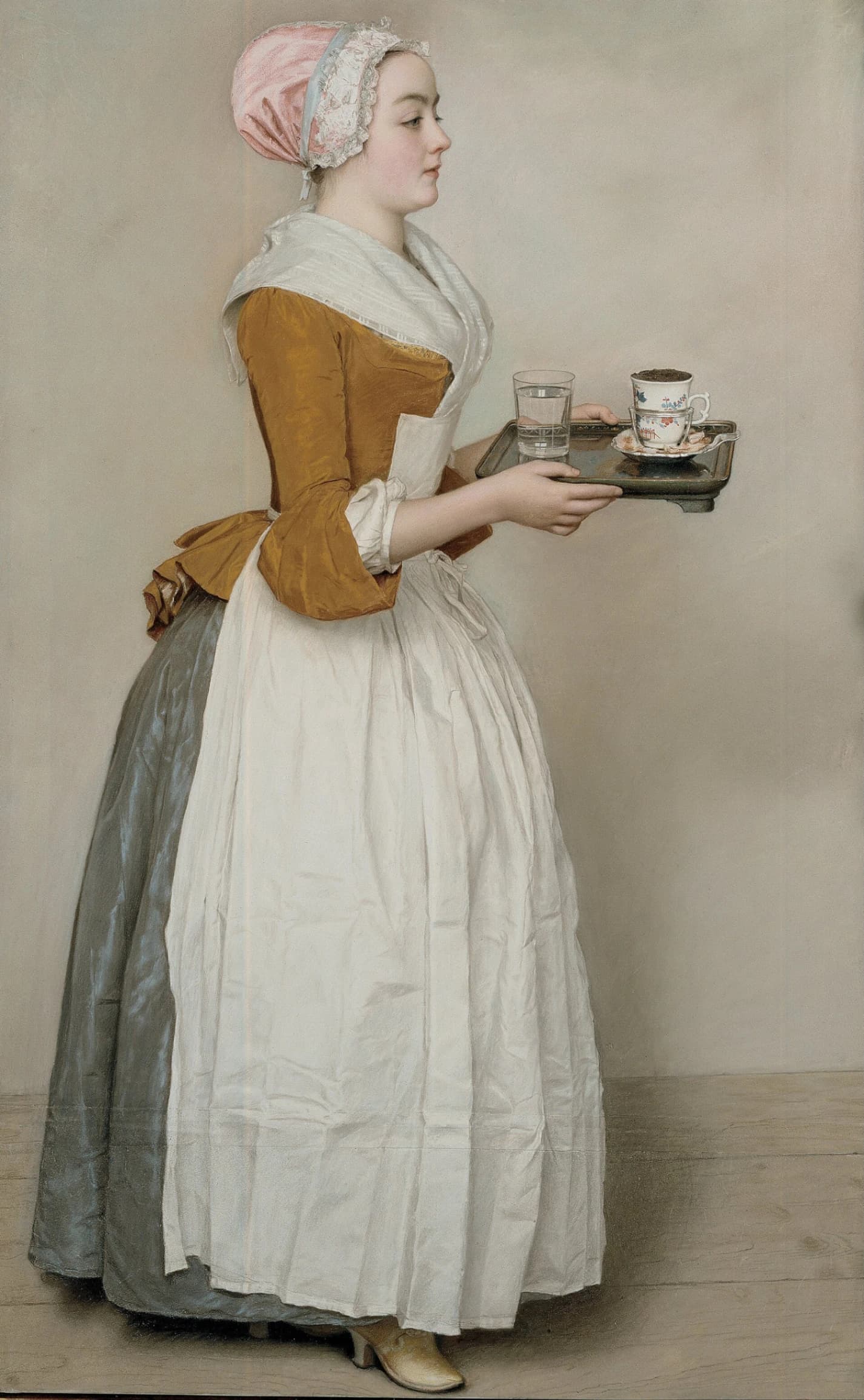 Jean-Étienne Liotard, La bella cioccolatiera, 1743-1744, pastello su vellum, 82,5 cm × 52,5 cm, Gemäldegalerie Alte Meister, Dresda.