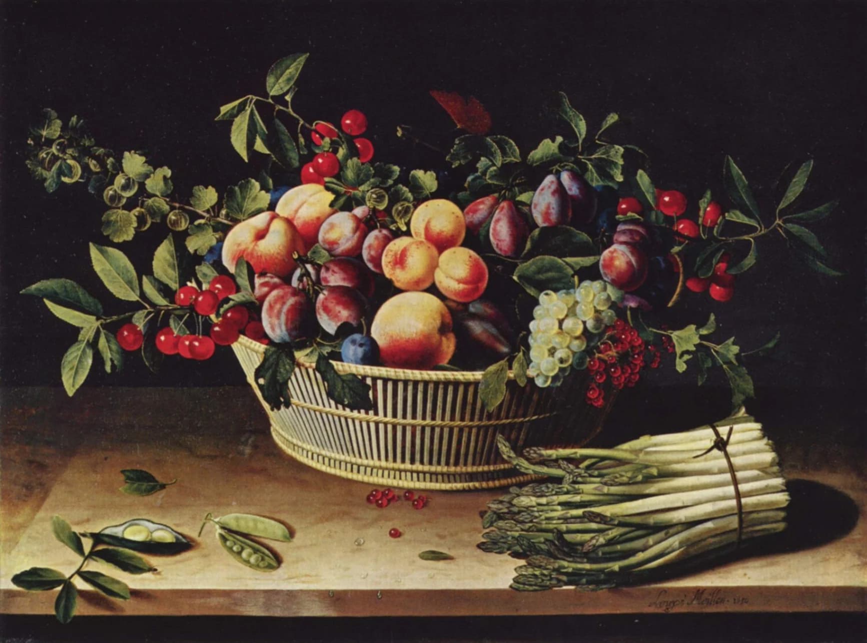 Louise Moillon, Natura morta con cesto di frutta e mazzo di asparagi, 1630, olio su tavola, 53,3 x 71,3 cm, Art Institute of Chicago.