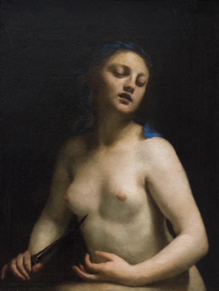 Guido Cagnacci, Morte di Lucrezia, 1657 circa, olio su tela, 87 × 66 cm, Museo di Belle Arti di Lione.