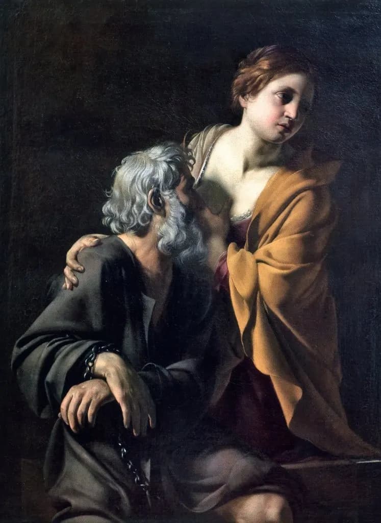 Bartolomeo Manfredi, Caritas Romana, 1620 circa, olio su tela, 130 × 97 cm, Gallerie degli Uffizi, Firenze.