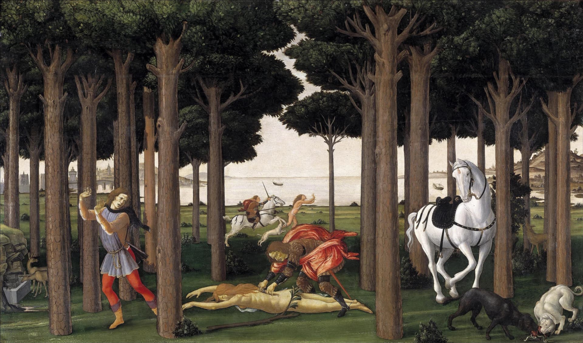 Sandro Botticelli, secondo pannello per il cassone con le Storie di Nastagio degli Onesti, 1483, tempera su tavola, 82×138 cm, Museo del Prado, Madrid.