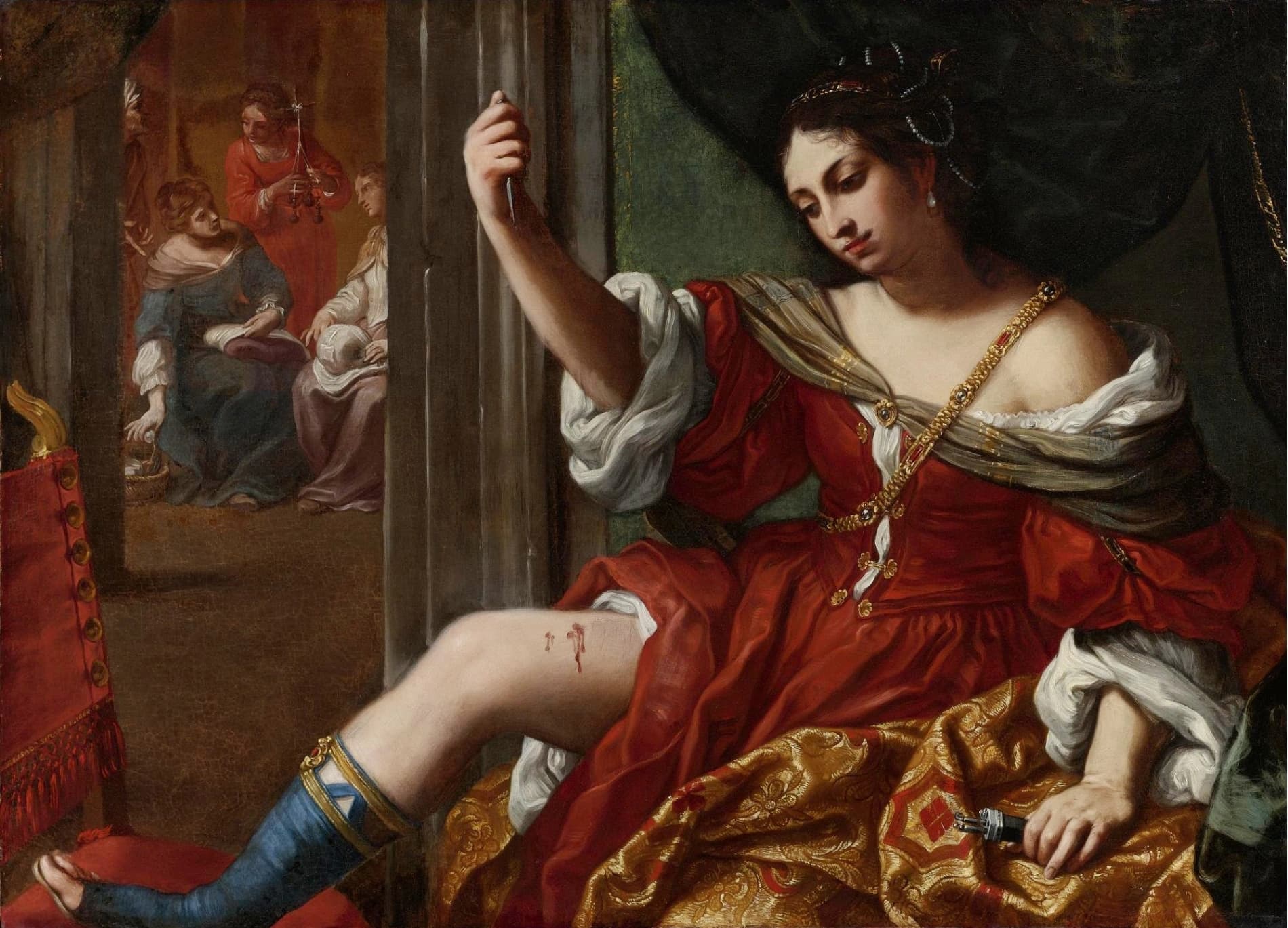 Elisabetta Sirani, Porzia che si ferisce alla coscia, 1664, olio su tela, 101 × 138 cm, Casa Saraceni, Bologna.