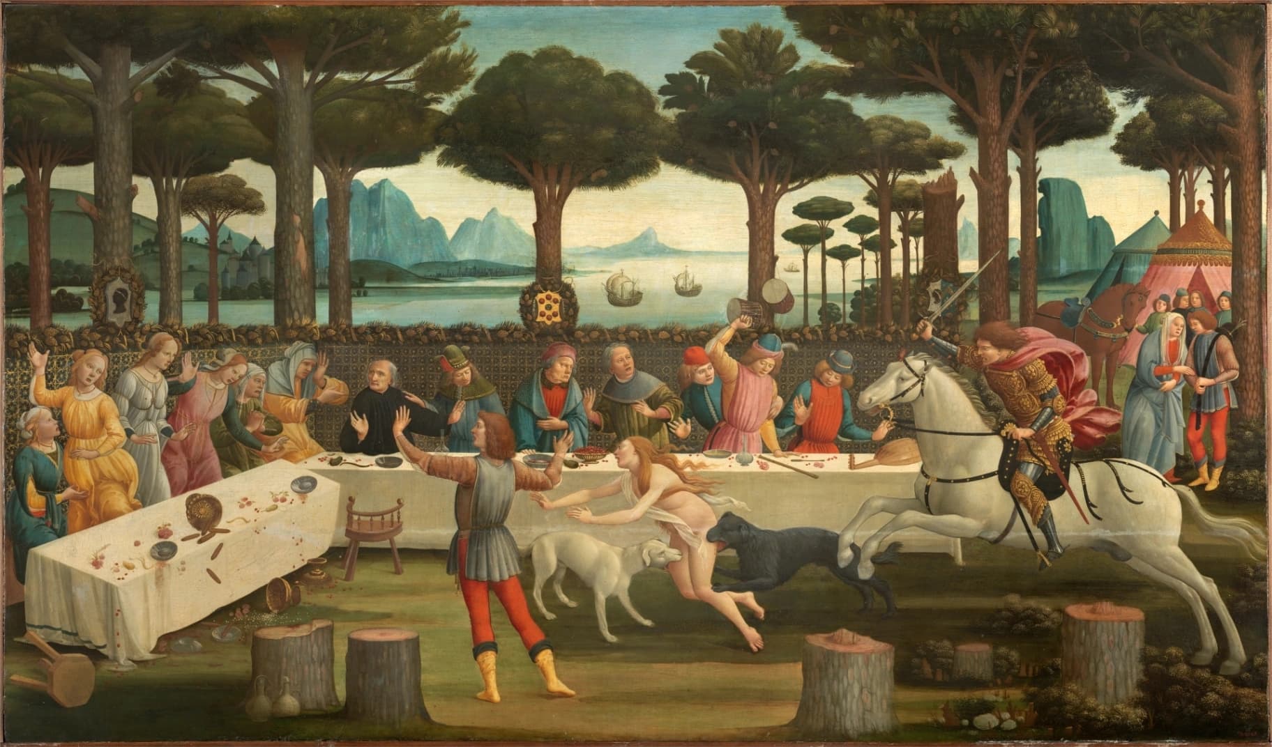 Sandro Botticelli, terzo pannello per il cassone con le Storie di Nastagio degli Onesti, 1483, tempera su tavola, 83×142 cm, Museo del Prado, Madrid.
