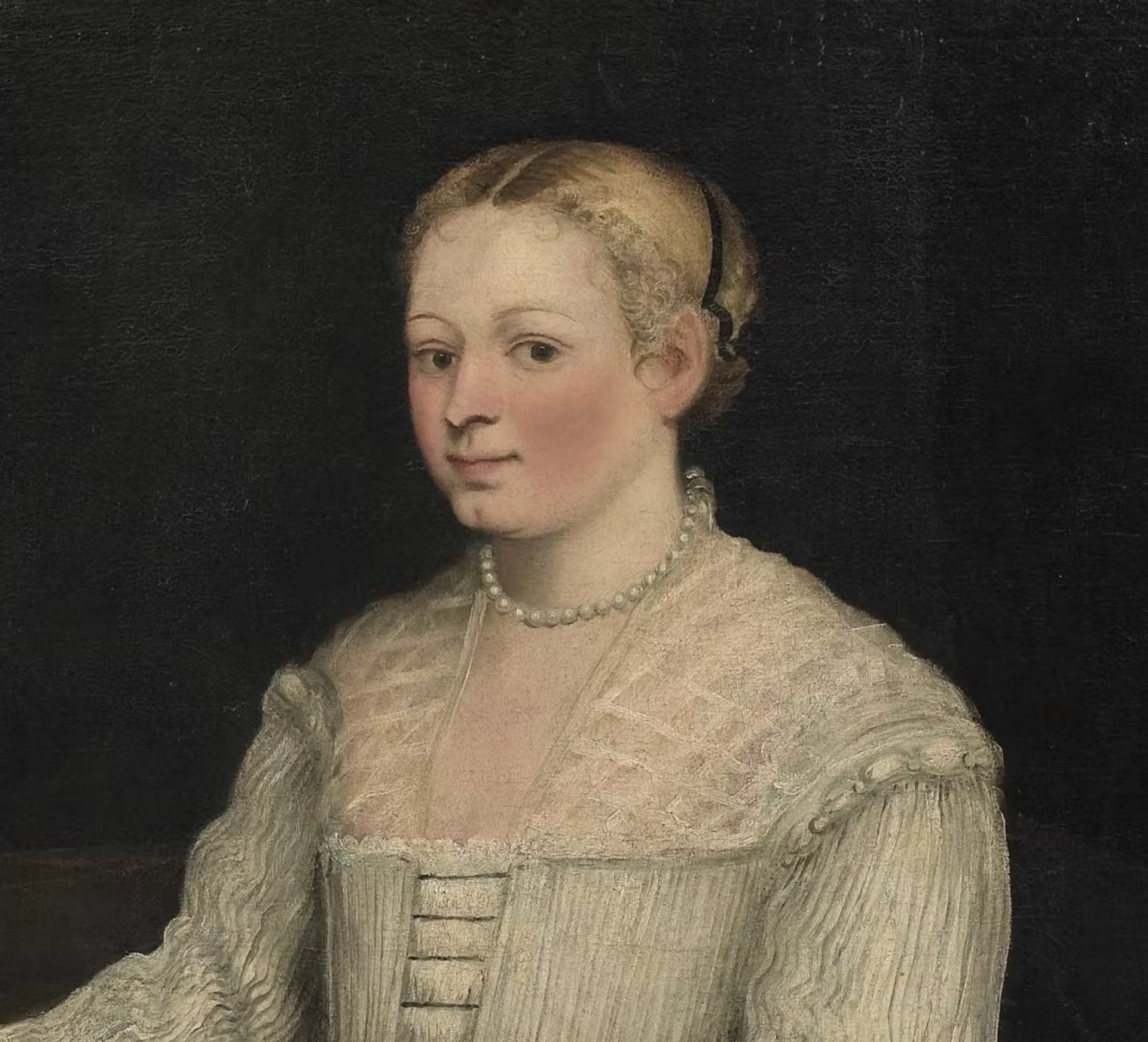 Marietta Robusti, Autoritratto con madrigale, 1578 c., olio su tela, 93,5 x 91,5 cm, Galleria degli Uffizi, Firenze. Dettaglio del volto.