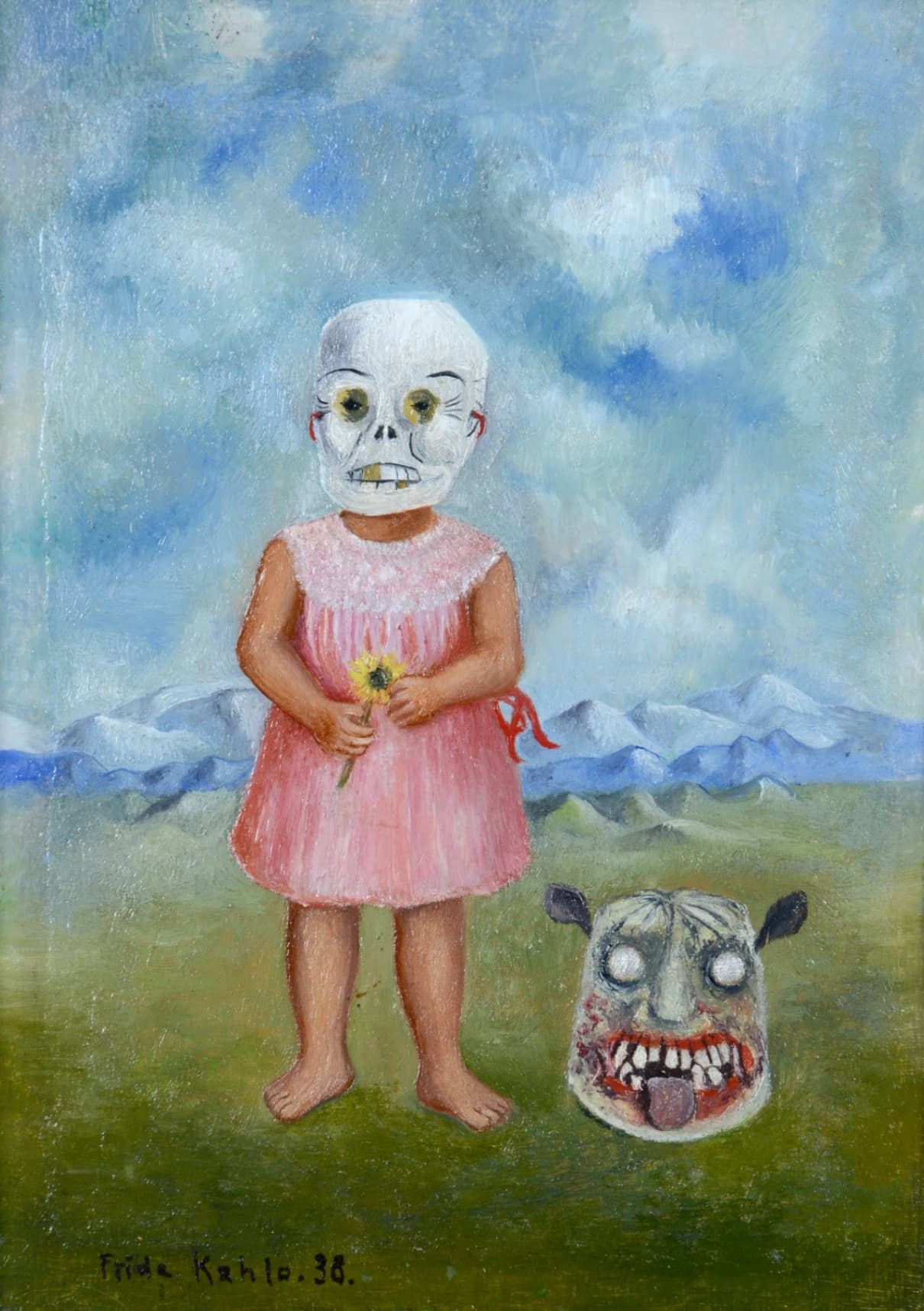 Frida Kahlo, Ragazza con maschera mortuaria con maschera mortuaria , 1938, olio su tela, 14,9 × 11 cm, Museo di Arte della Città di Nagoya, Giappone.