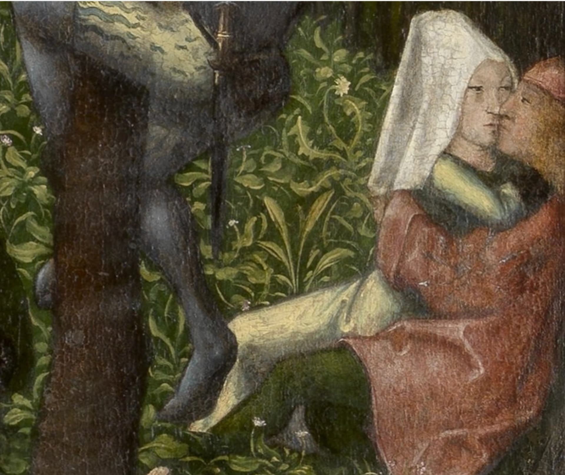 Dettaglio di una coppia che amoreggia, estremità destra della tela.