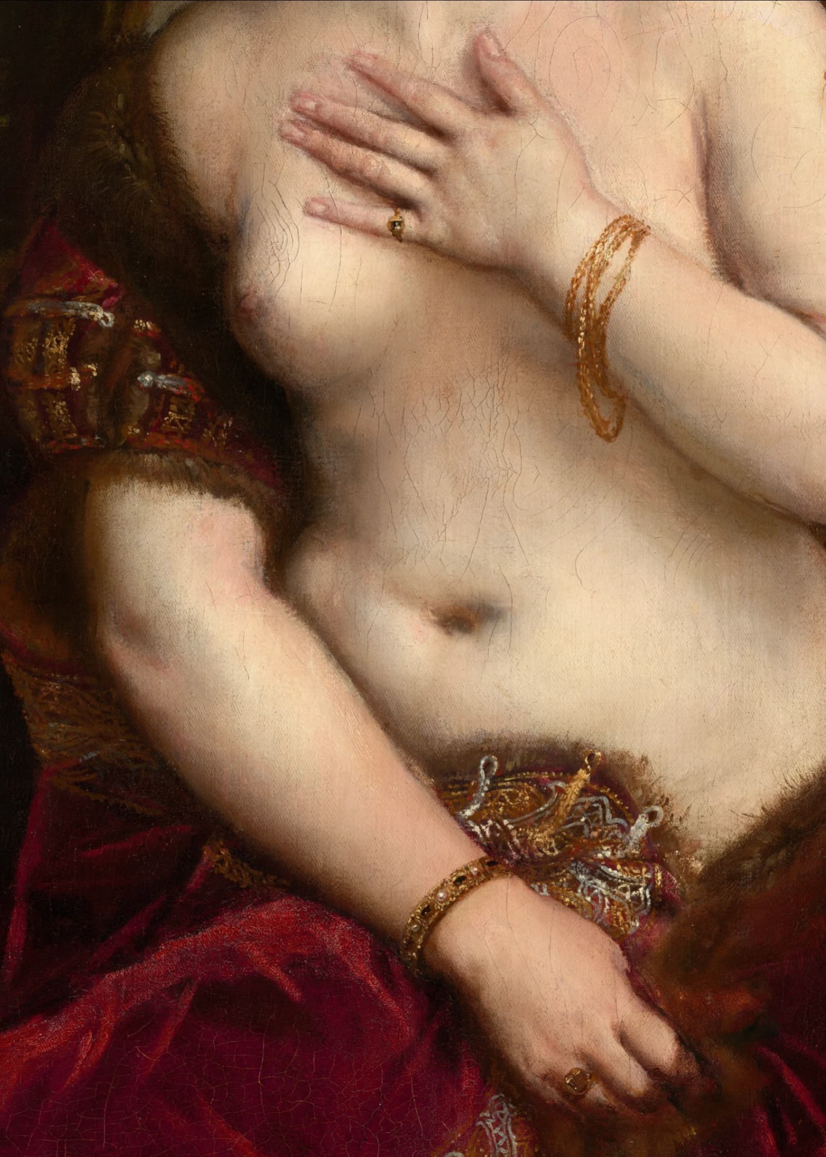 Tiziano Vecellio, Venere allo specchio, 1555 circa, olio su tela, 49 x 41 cm, Andrew W. Mellon Collection, National Gallery of Washington, Washington DC. Dettaglio del corpo nudo della Venere.