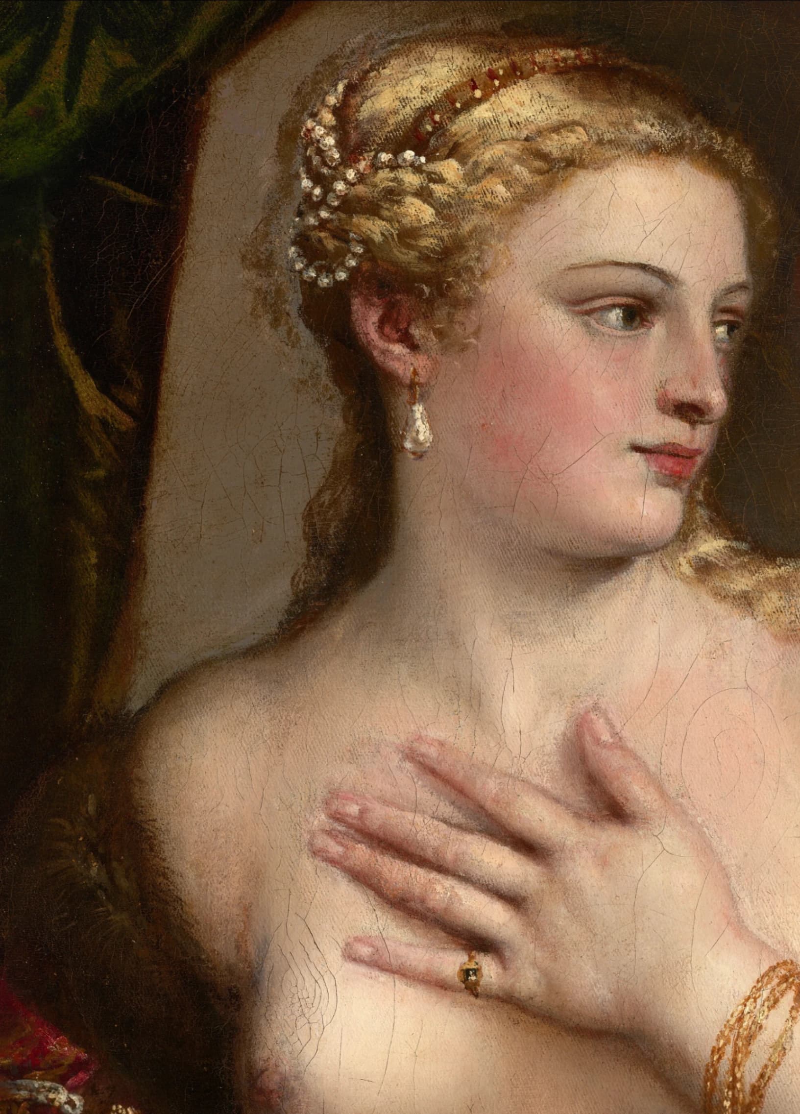 Tiziano Vecellio, Venere allo specchio, 1555 circa, olio su tela, 49 x 41 cm, Andrew W. Mellon Collection, National Gallery of Washington, Washington DC. Dettaglio del corpo nudo della Venere. Dettaglio del volto della Venere.
