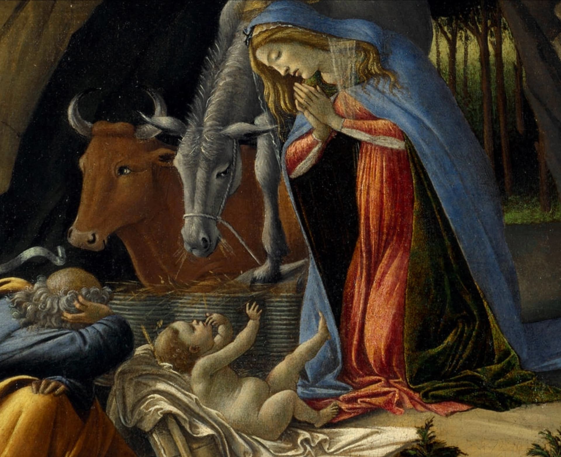 Sandro Botticelli, Natività mistica, 1501, tempera su tela, 108,5×75 cm, National Gallery, Londra. Dettaglio del Bambin Gesù, Giuseppe, la Vergine, il bue e l'asinello.