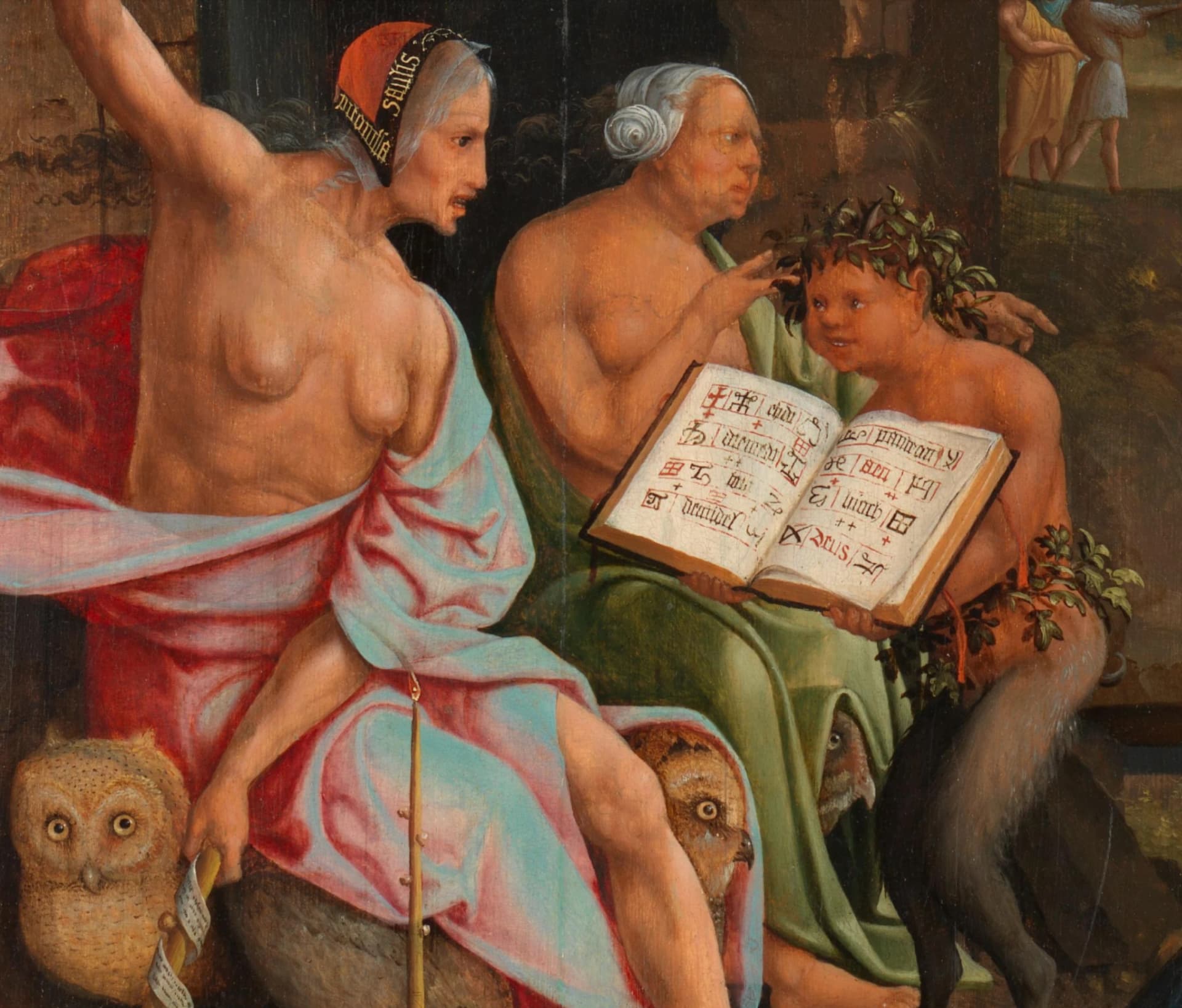 Jacob Cornelisz van Oostsanen, Saul e la Strega di Endor, 1526, olio su tavola, 85.5 cm x 122.8 cm, Rijksmuseum, Amsterdam. Dettaglio di un satiro con un libro di negromanzia aperto.