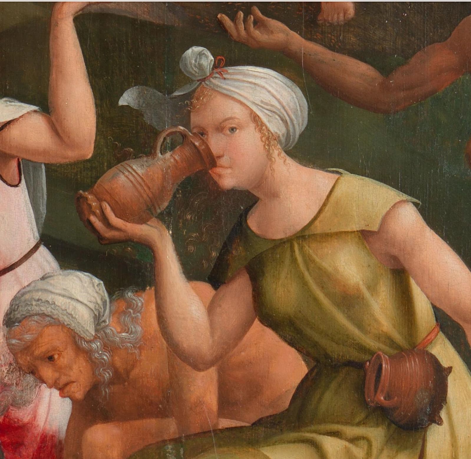 Jacob Cornelisz van Oostsanen, Saul e la Strega di Endor, 1526, olio su tavola, 85.5 cm x 122.8 cm, Rijksmuseum, Amsterdam. Dettaglio di una figura femminile che beve da una brocca.