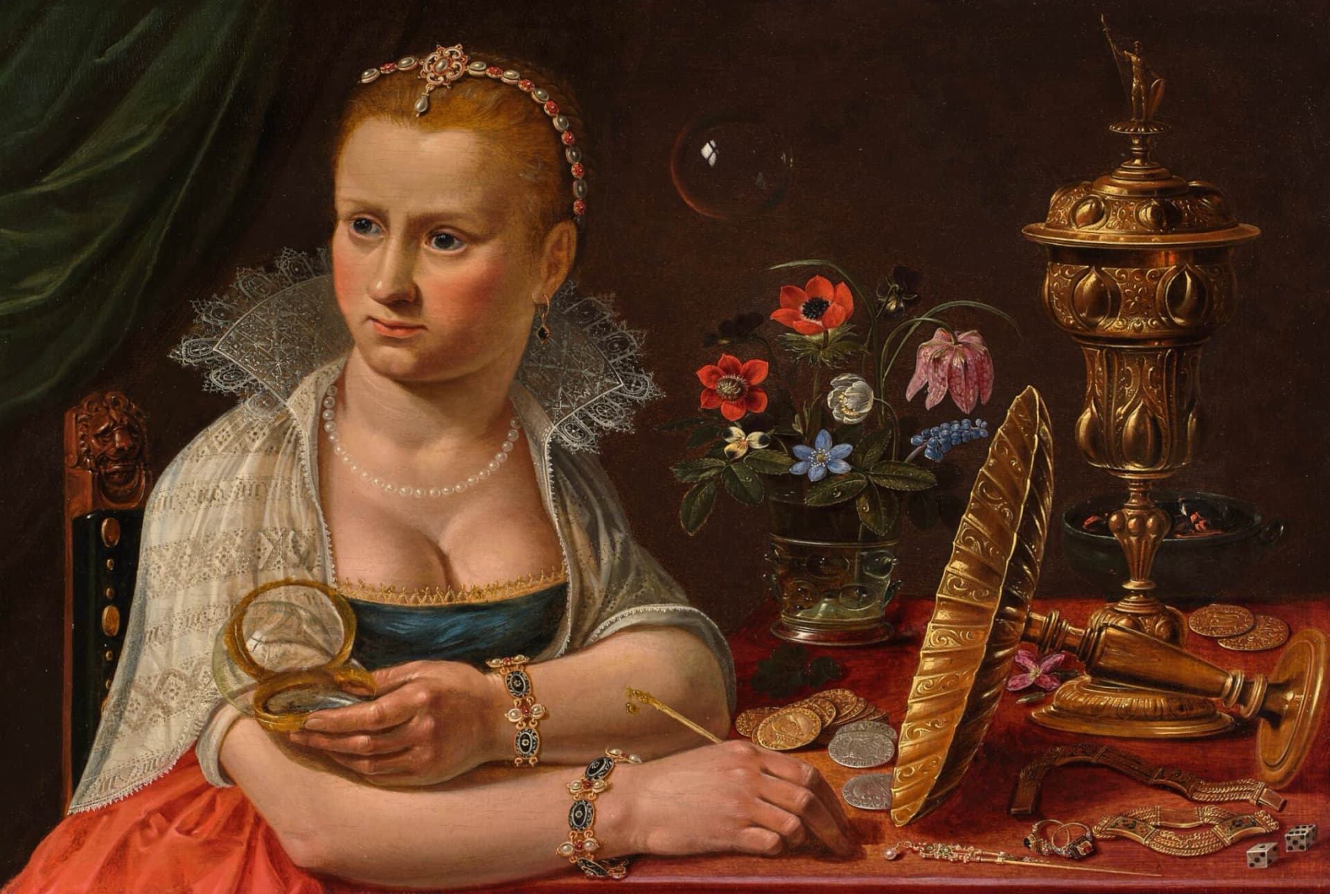Clara Peeters, Autoritratto seduta a un tavolo con oggetti preziosi, 1615-1621, olio su tavolo, 37,2 x 50,2 cm, collezione privata.