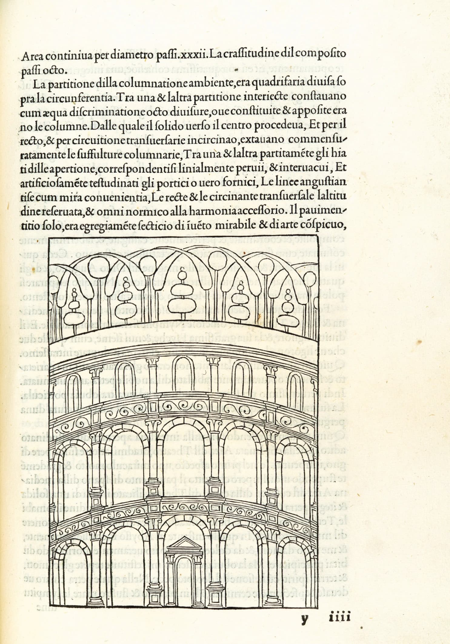 Hypnerotomachia Poliphili di Francesco Colonna, editore Aldo Manuzio, Venezia, 1499, 29.5 × 22 × 4 cm, pagina con illustrazione di un anfiteatro, segnatura y 4 recto, The Metropolitan Museum of New York.
