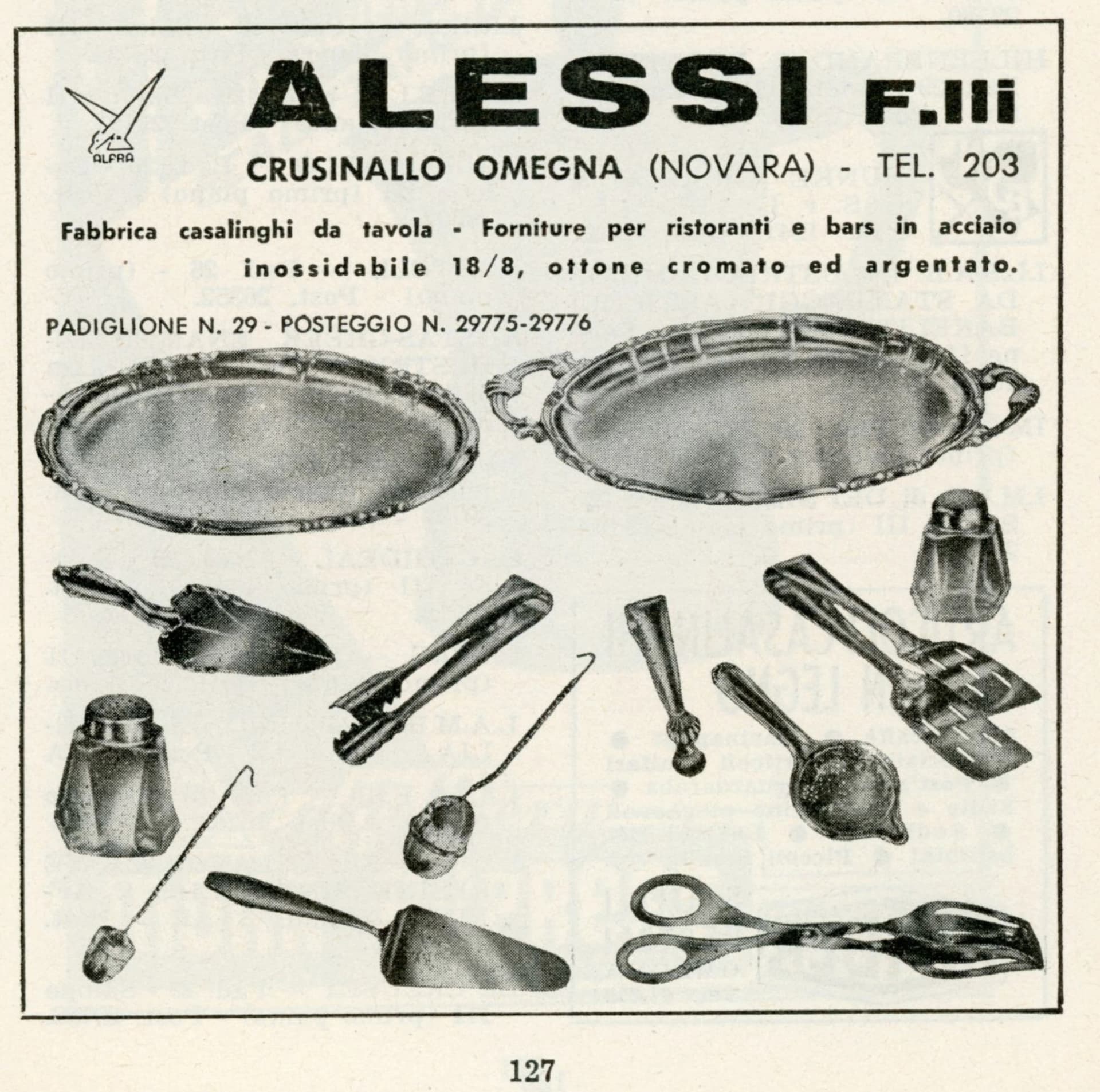 Pubblicità casalinghi da tavola F.lli Alessi, pubblicata all'interno del Catalogo ufficiale della Fiera Campionaria di Milano del 1955, Volume II, Elenco dei partecipanti per ordine di prodotti pagina 127. © Alessi