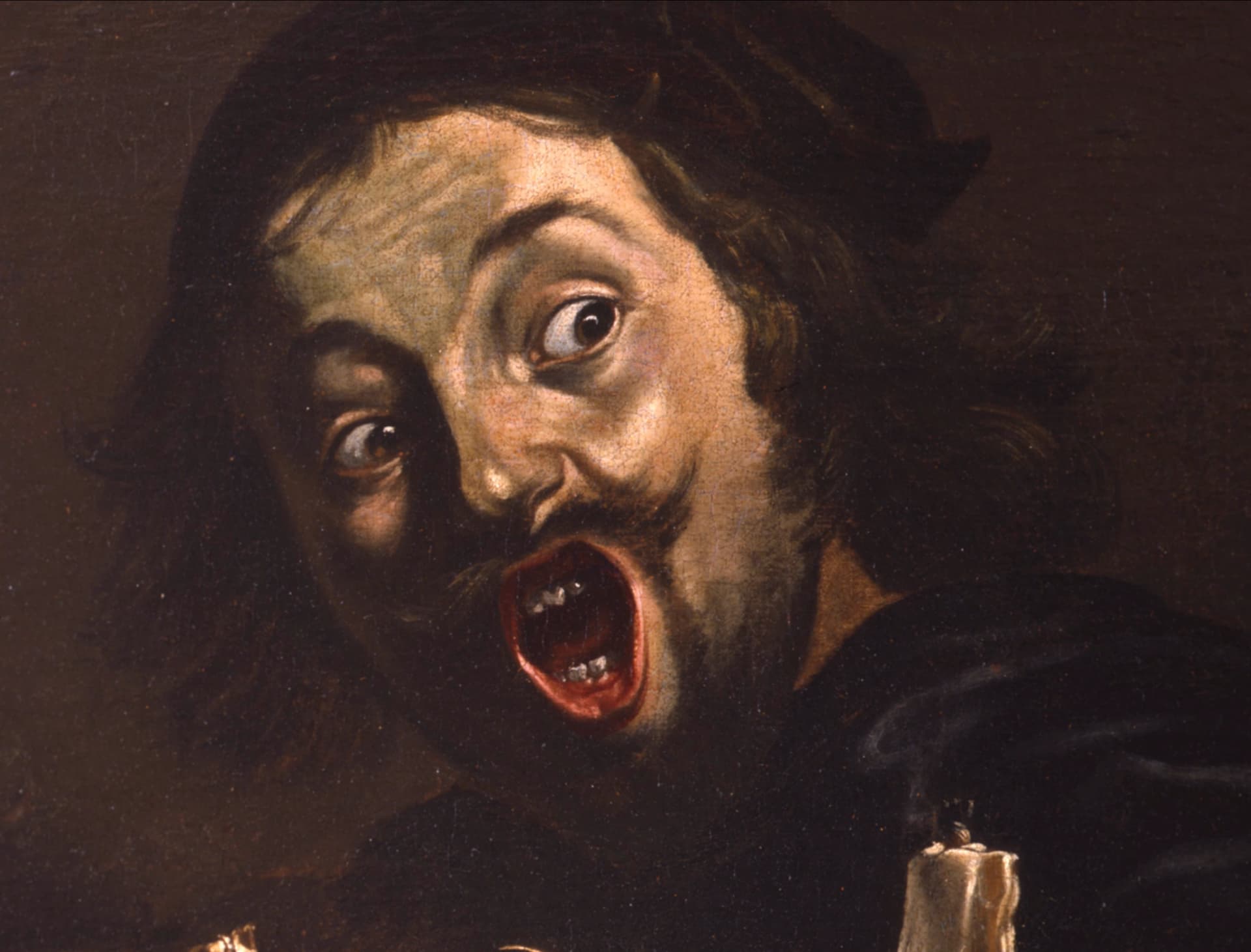 Pieter van Laer, Autoritratto con scena magica, 1635-1637, olio su tela, 80 x 114.9 cm, Leiden Collection, New York. Dettaglio del volto del pittore.