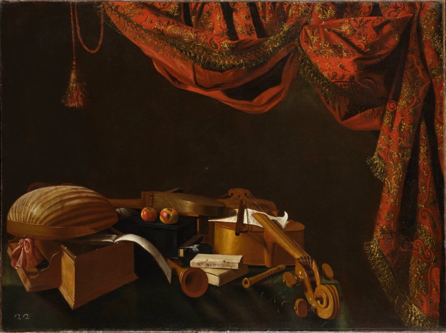 Evaristo Bascheris, Strumenti musicali e tendone rosso, 1670 circa, pittura ad olio, 95 x 128 cm, Accademia Carrara, Bergamo.