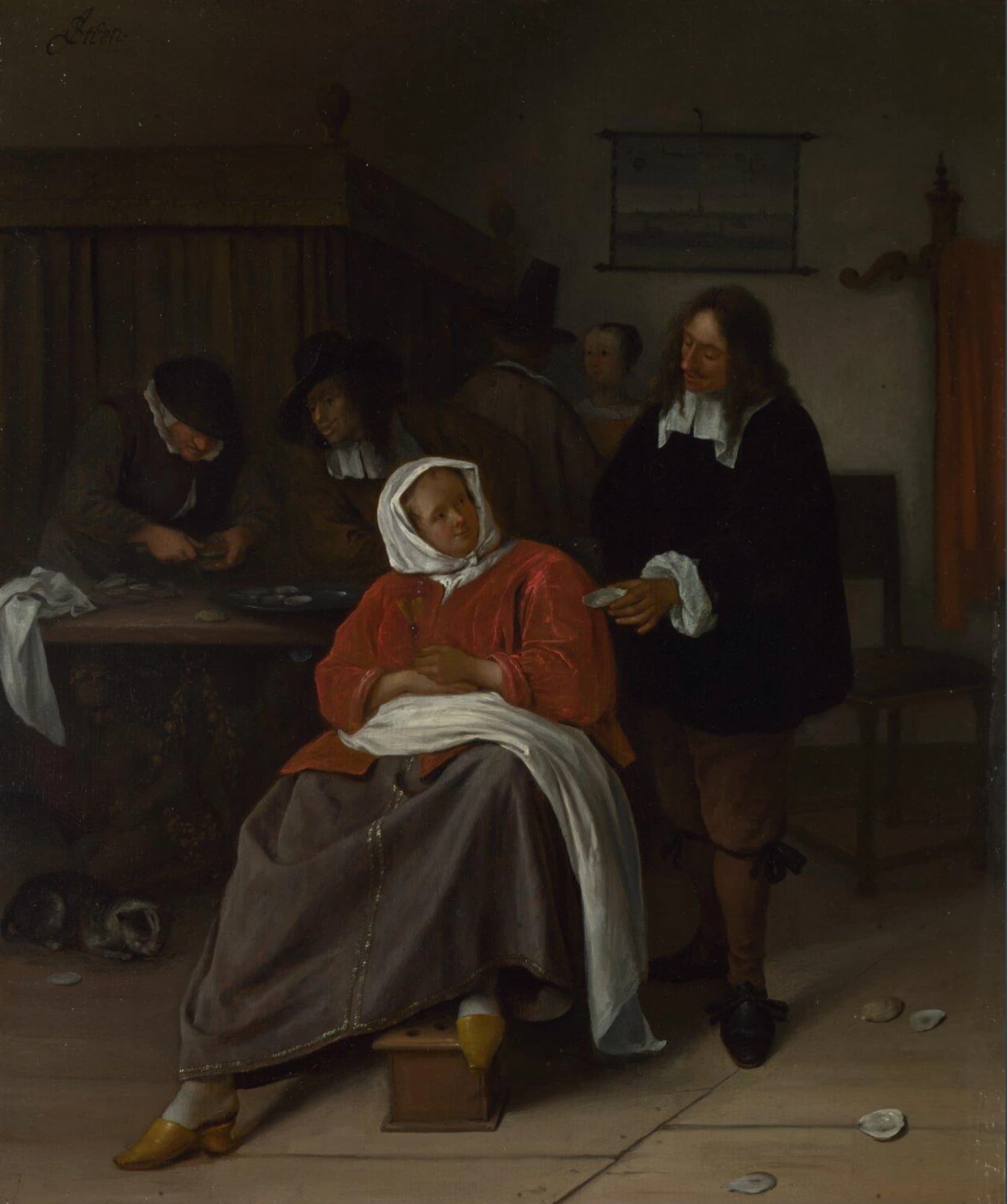 Jan Steen, Interno con un uomo che offre un'ostrica a una donna, 1660-1665, olio su tavola di legno, 38,1 × 31,5 cm, National Gallery, Londra.
