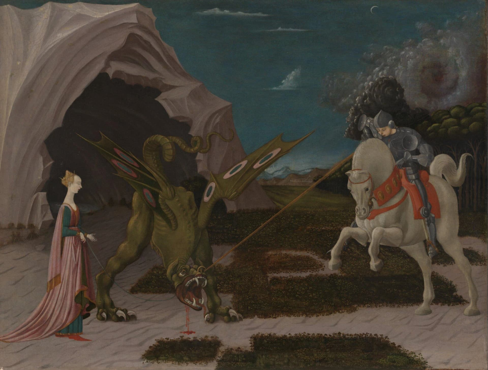 Paolo Uccello, San Giorgio e il drago, 1470, olio su tela, 55,6 × 74,2 cm, National Gallery, Londra.