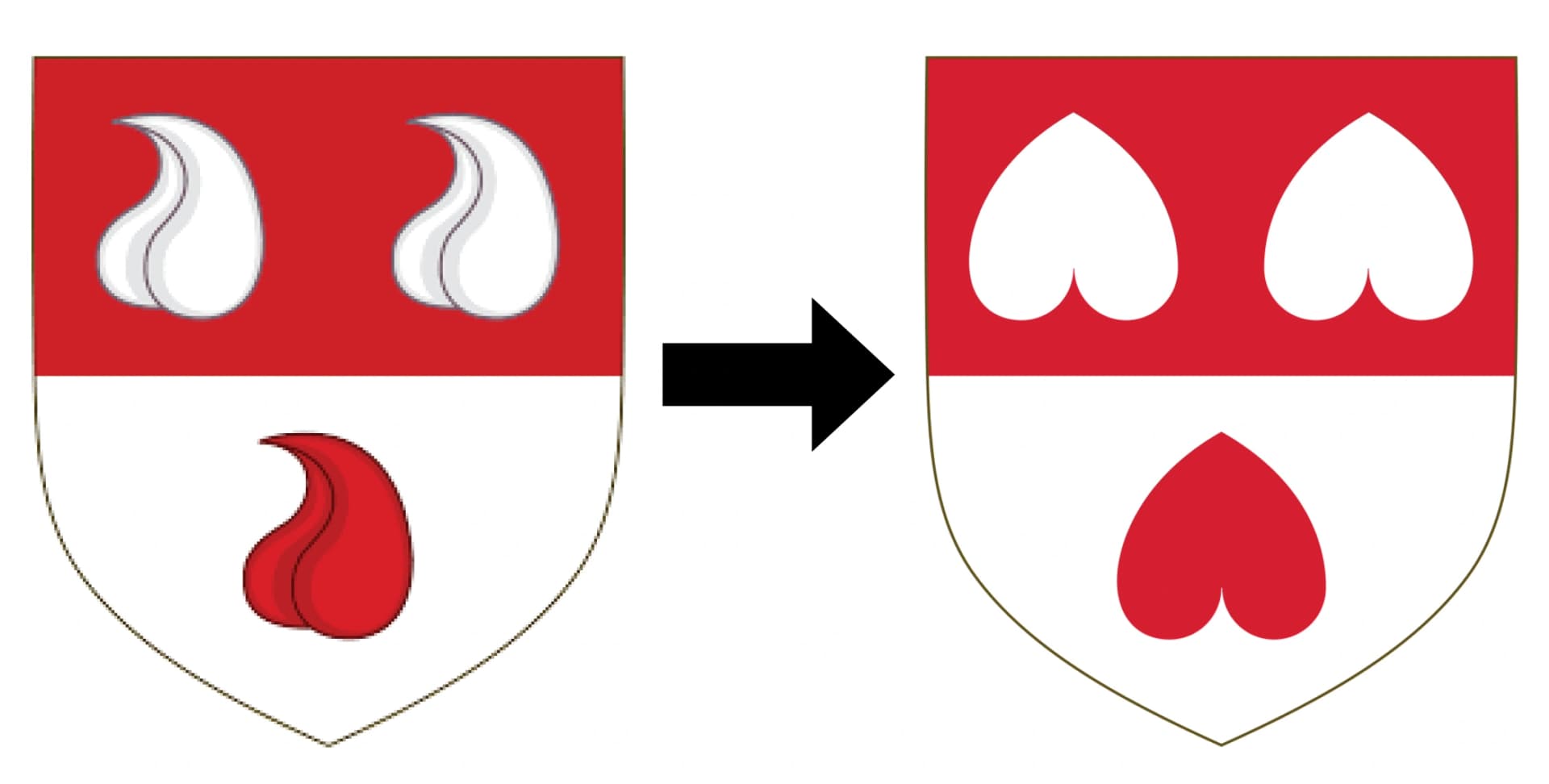 L'immagine illustra il passaggio dello stemma della famiglia Colleoni, da i 3 testicoli a i 3 cuori.
