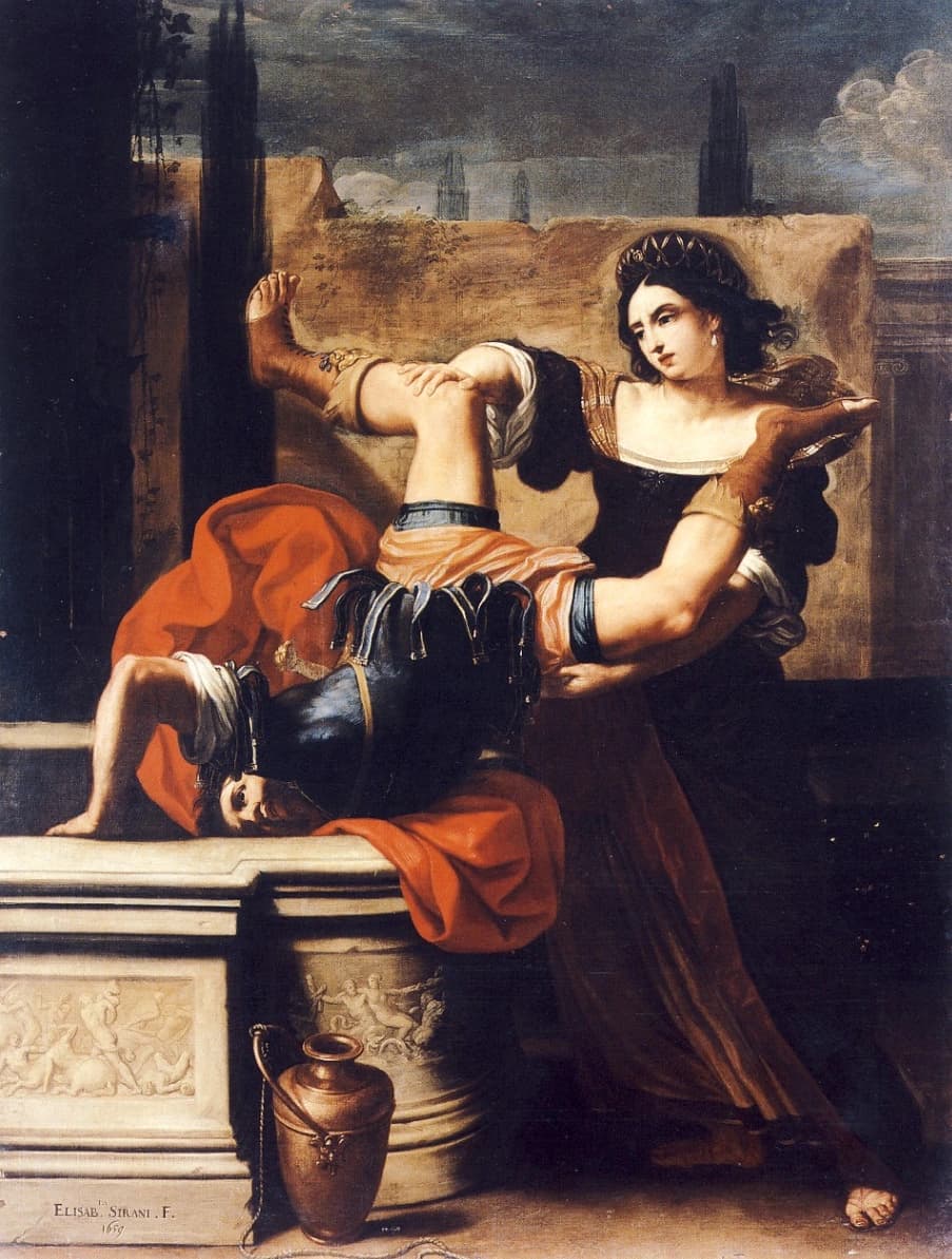 Elisabetta Sirani, Timoclea uccide il capitano di Alessandro Magno, 1659, olio su tela, 228 × 174,5 cm, Museo di Capodimonte, Napoli.