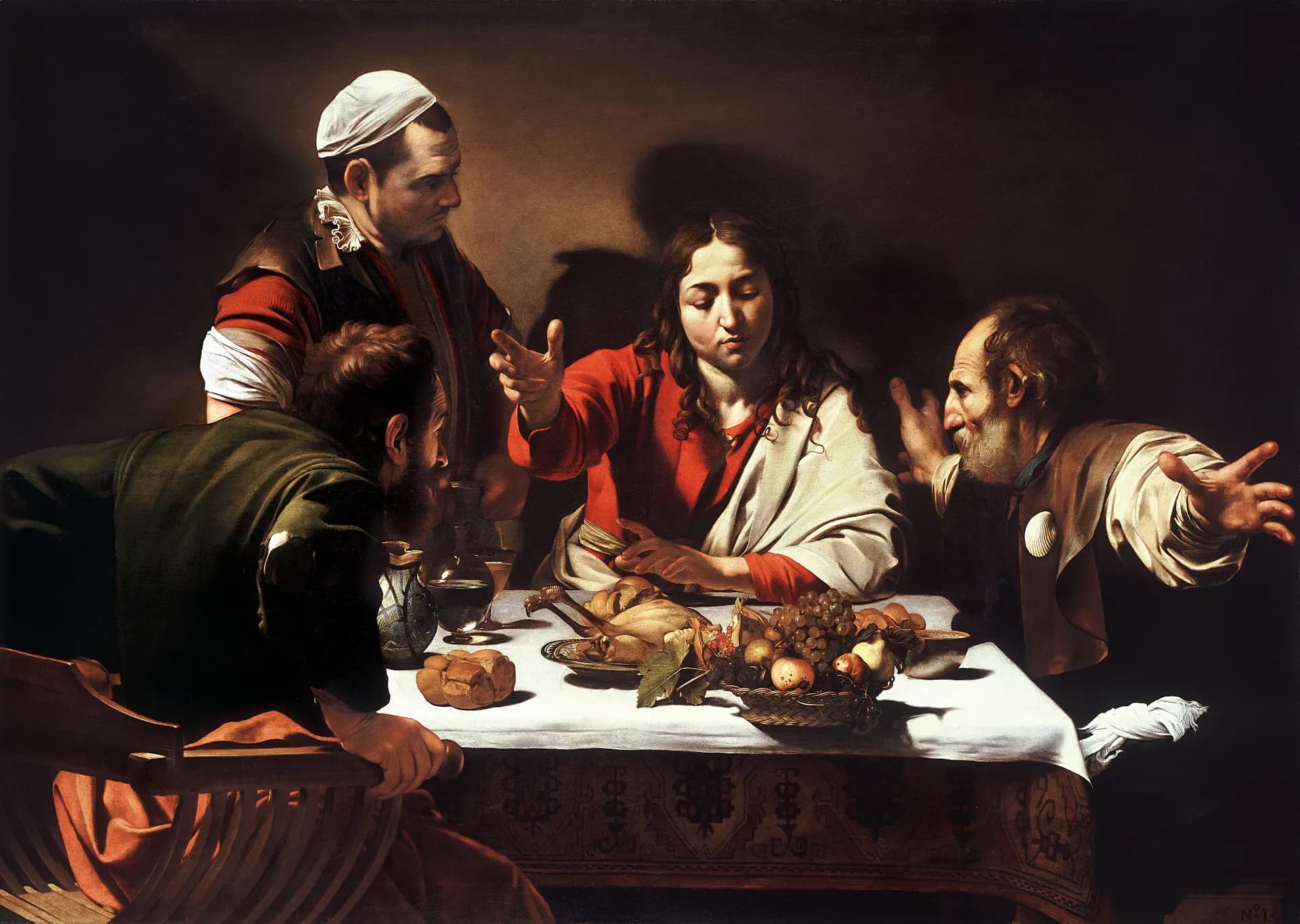 Michelangelo Merisi, detto Caravaggio, Cena in Emmaus, 1601-1602, olio su tela, 141 × 196 cm, National Gallery, Londra.