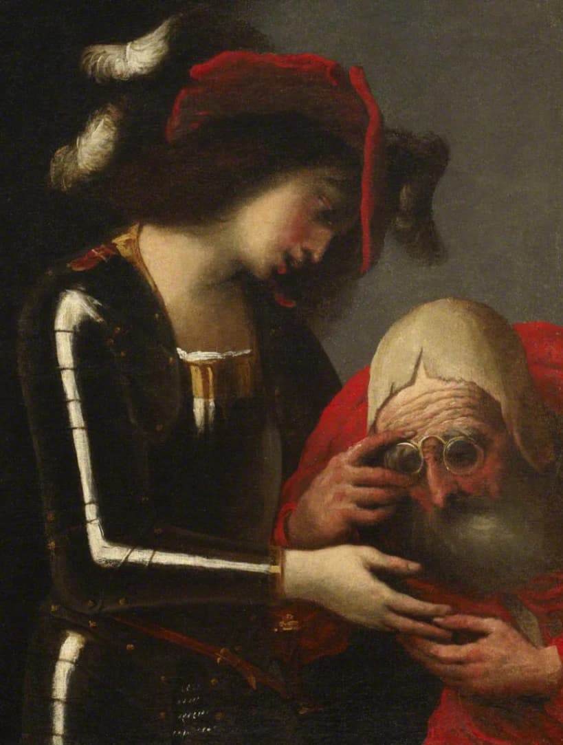Pietro Della Vecchia, Un indovino che legge la mano di un soldato, 1640 circa, olio su tela, 44 x 34 cm, College of Optometrists, Londra.