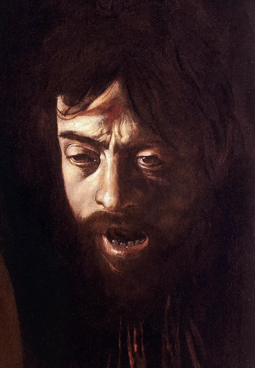 Michelangelo Merisi detto Caravaggio, David con la testa di Golia, 1606-1607 o 1609-1610, olio su tela, 125 × 101 cm, Galleria Borghese, Roma. Dettaglio dell'autoritratto del pittore nei panni di Golia.