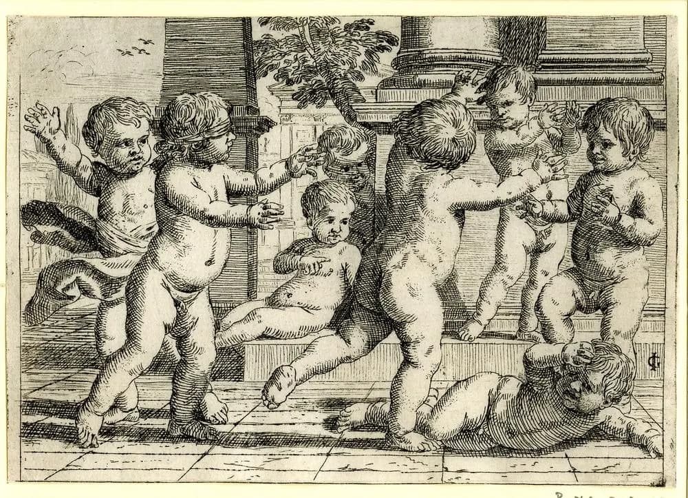 Giacinto Gimignani, Scherzi e giuochi diversi de putti, tavola III, Bambini che giocano a nascondino, 1647, acquaforte,11 x 15,8 cm, British Museum, Londra.