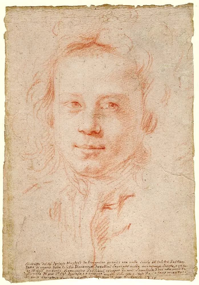 Giovanna Fratellini, Ritratto di Ignazio Hugford; testa e spalle di fronte, con lo sguardo leggermente rivolto a destra, 1666-1731 circa, gesso rosso su carta, 28 x 19,7 cm, British Museum, Londra.