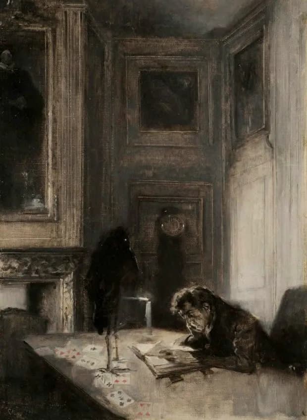 Stefano Macchiati, Uccello nero, 1904, opera ispirata a The Raven, celebre poema d’Edgar Allan Poe pubblicato nel 1845 e tradotto da Baudelaire in francese nel 1853.