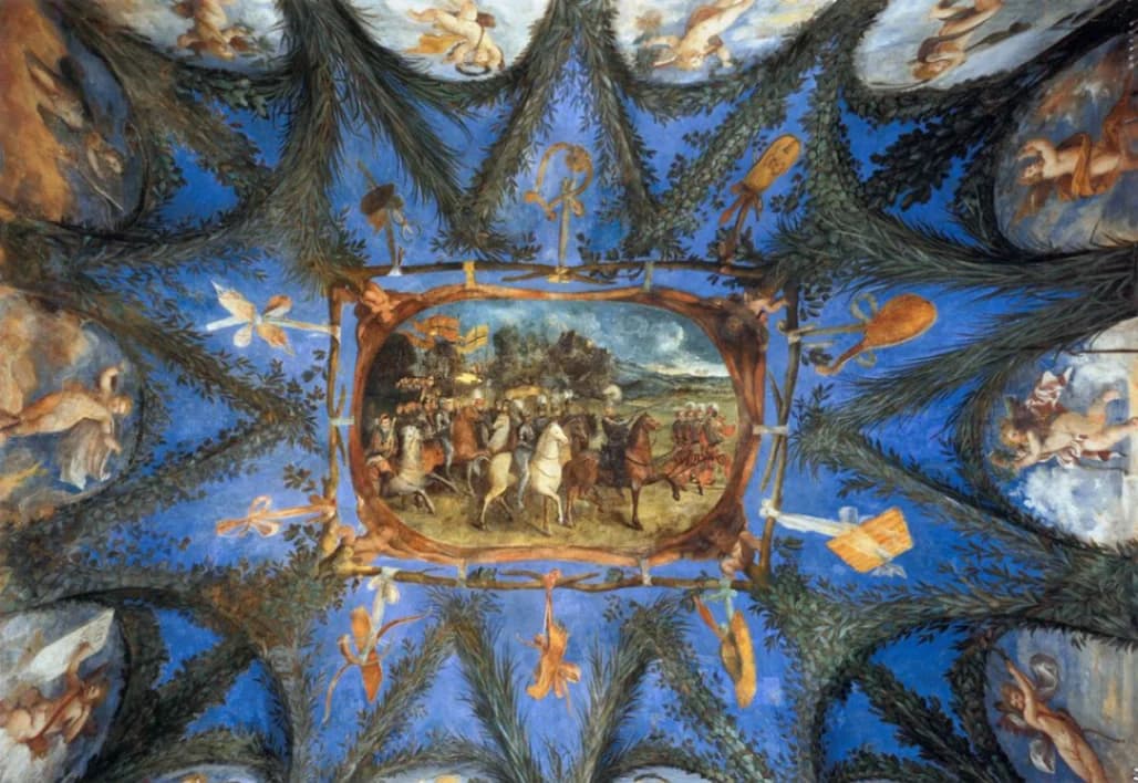 Dosso Dossi, decorazione pittorica del soffitto della Camera dei Semibusti, Villa Imperiale di Pesaro. Dettaglio con Francesco Maria della Rovere.
